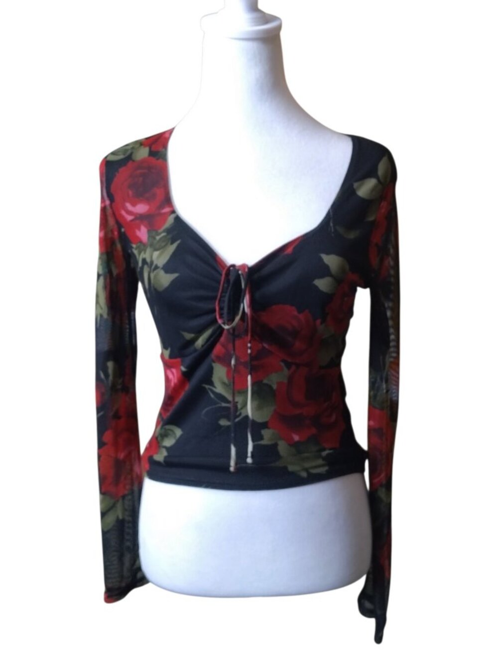 Y2K Black Roses Sheer Sleeve Blouse Rebellious Dreamer Size Medium Goth Vintage